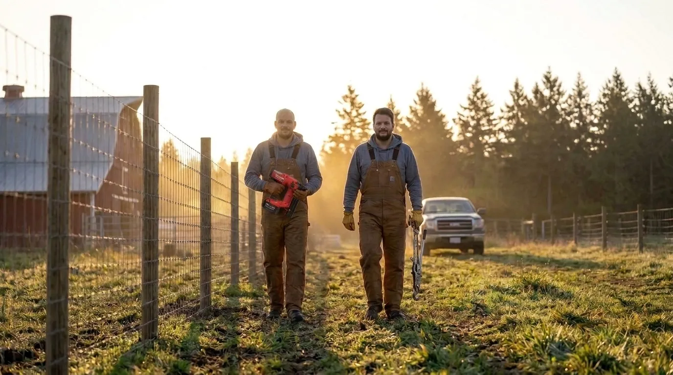 The two of us walking a finished fence line at sunrise, tools in hand